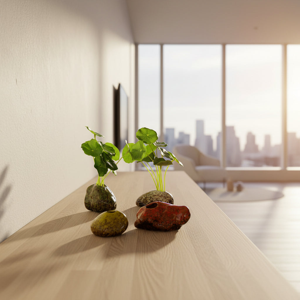 Small ceramic pots with green plants on a wooden surface with books and a bowl in the background.