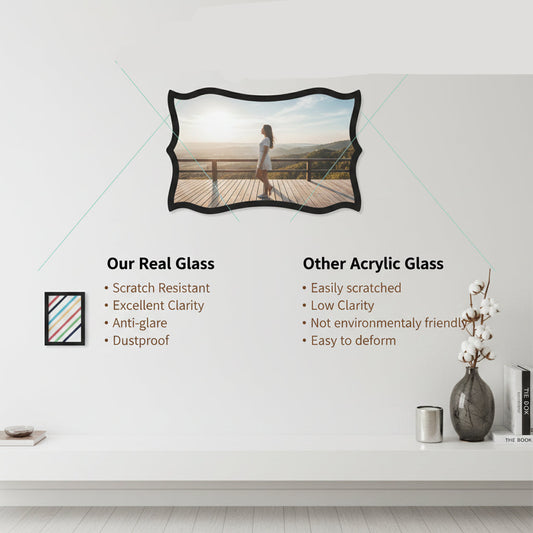 Glass comparison with 'Our Real Glass' on the left and 'Other Acrylic Glass' on the right, featuring a photo frame and vase.